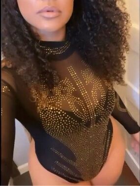 Black Sheer Long-Sleeve Bodysuit with Gold rhinestone Detailing